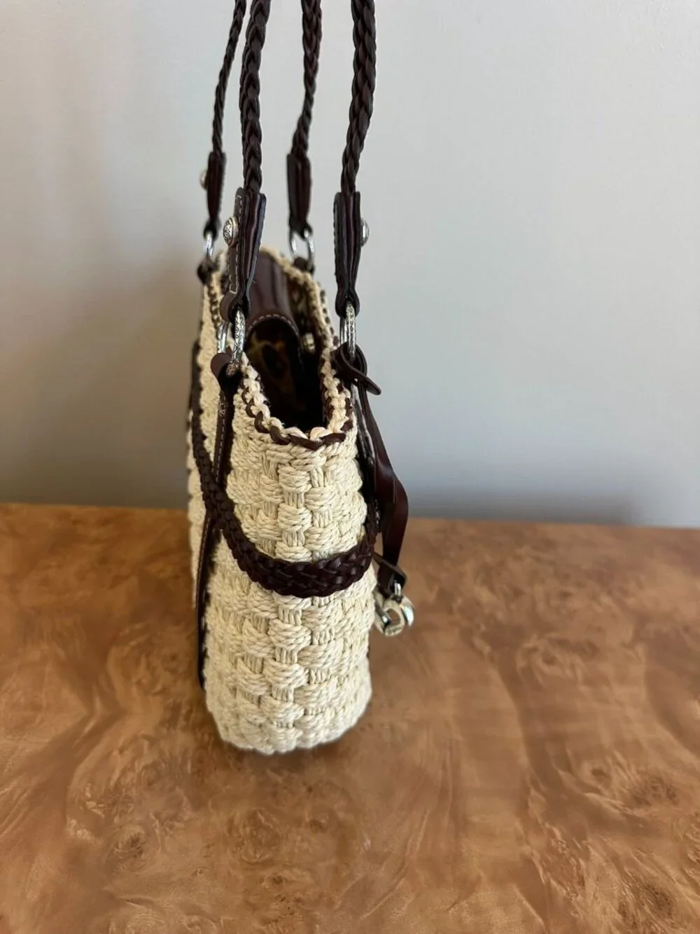 Brighton Peggy Straw Leather Tote Woven Basket Floral Trim Charm Bag - Picture 6 of 10